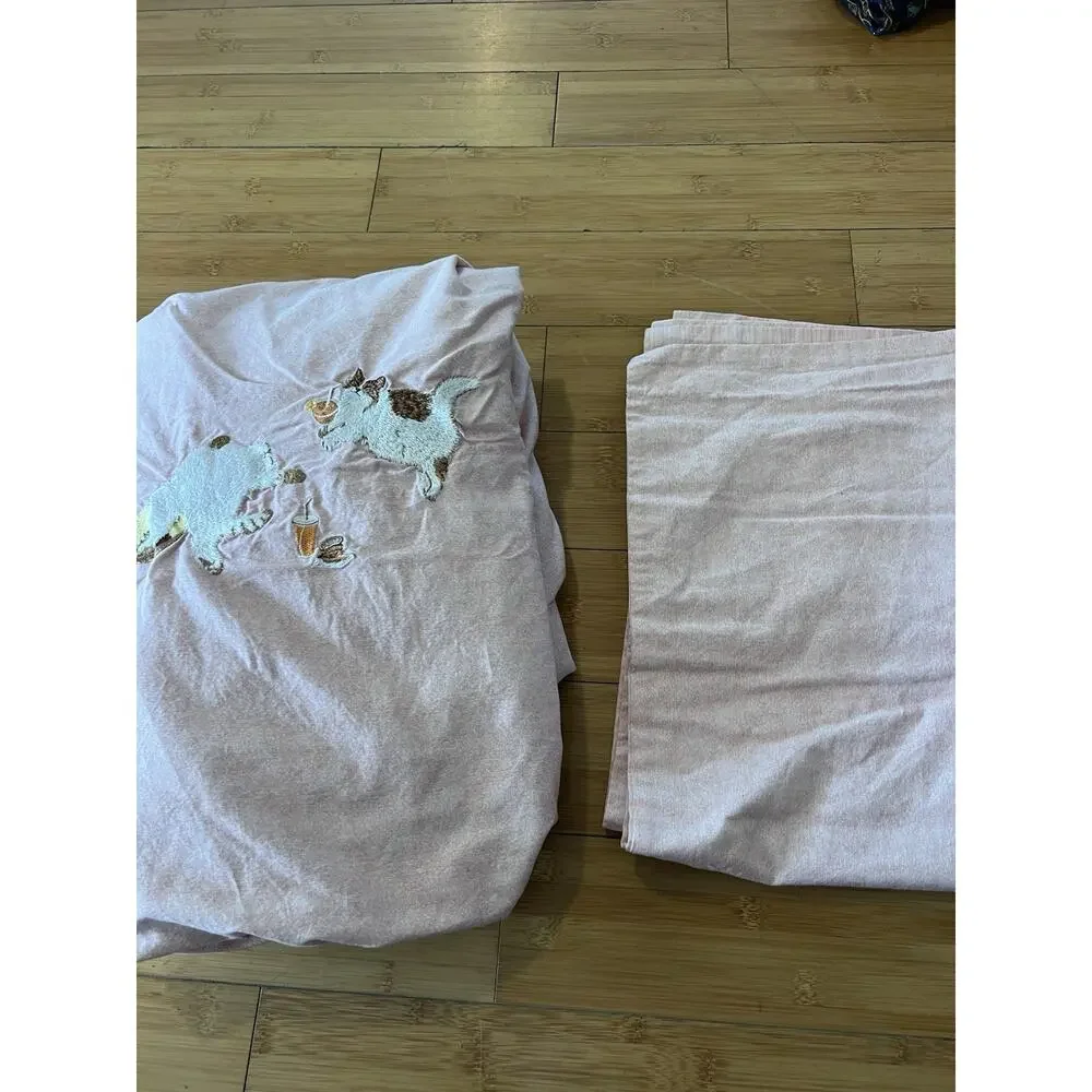 2PCs Embroidered Cat Kitten Cottage 100% Cotton Pink Duvet Cover Set Twin XL
